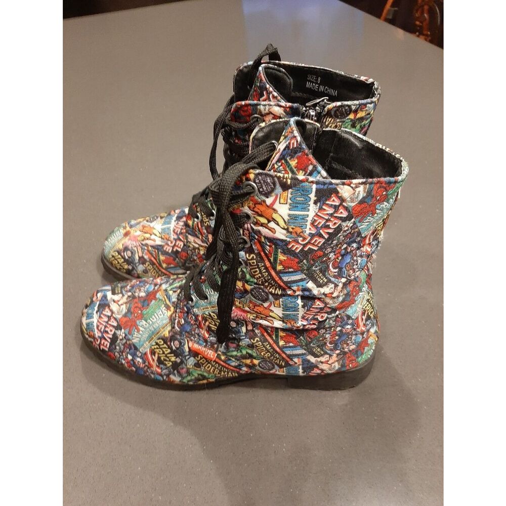 Marvel Comics Print Combat Boots Womens Size 8 Superhero Lace Up Ankle Boots - Picture 4 of 10